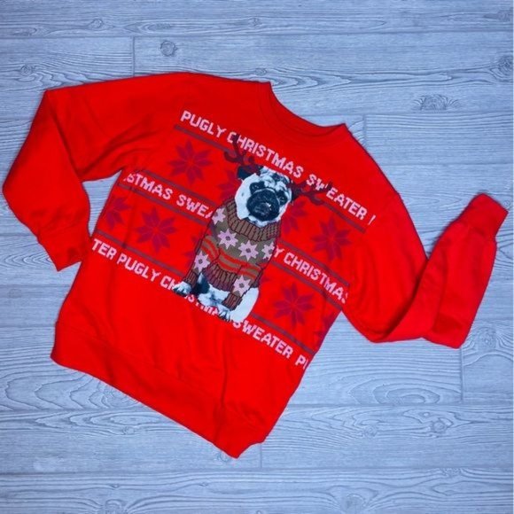 Mad engine Ugly Christmas Sweater Red Pug Dog PUGLY Sweatshirt Mad Engine s/m - Picture 1 of 4